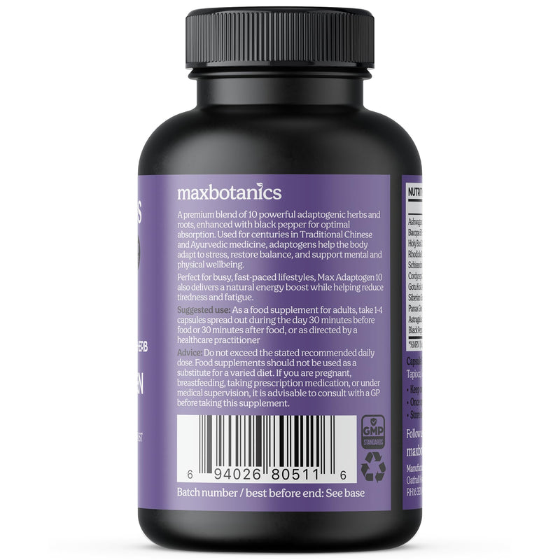 Max Adaptogen 10 Balance, Fatigue, Energy Boost & Stress Support 10-Herb Adaptogen High Strength Mushroom Blend with Ashwagandha, Rhodiola & Ginseng Natural Vegan UK Made (120 Capsules) 120 count (Pack of 1)