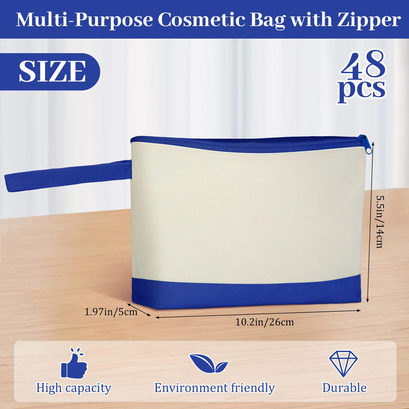 Silkfly 48 Pcs Cotton Canvas Makeup Bags Cosmetic Zipper Bags 10.2 x 5.5 x 2'' Blank DIY Pouch Bulk Pencil Case with Bottom Travel Toiletry Pouch for Women Craft Decor Gift (Beige and Blue) Beige and Blue