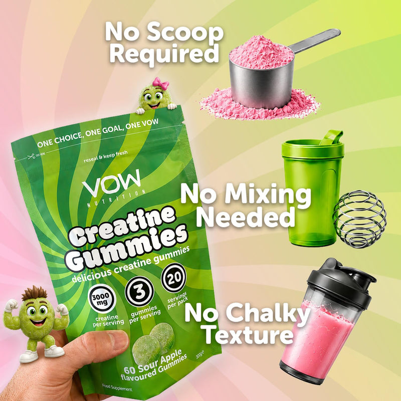 Vow Nutrition Creatine Gummies, 60 Gummys, Sour Apple, Creatine Monohydrate 3000mg (Sour Apple)