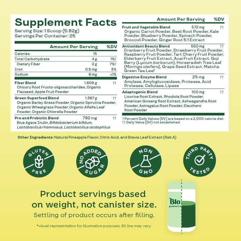 [Australia] - Bloom Nutrition Superfood Greens Powder, Digestive Enzymes with Probiotics and Prebiotics, Gut Health, Bloating Relief for Women, Chlorella, Green Juice Mix with Beet Root Powder, 25 SVG, Pineapple 25 Servings (Pack of 1) 