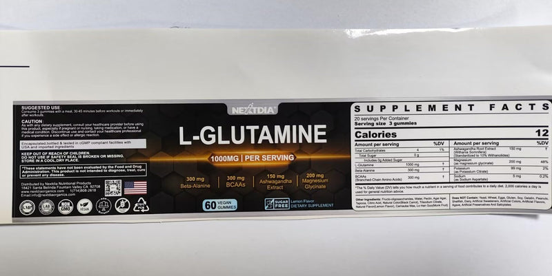 [Australia] - L-Glutamine 1000mg Gummies for Women & Men| with Beta-Alanine, BCAAs, Magnesium Glycinate, Potassium & Ashwagandha | Vegan | Sugar-Free & Extra-Chewy | 120 Counts 60 Count (Pack of 2) 