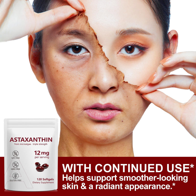 Astaxanthin Supplements 12mg 120 Softgels,Premium Astaxanthin Antioxidant Supplements,Fresh Microalgae Source,High Absorption for Eye & Skin Support,Natural Formula,Fresh Microalgae Source