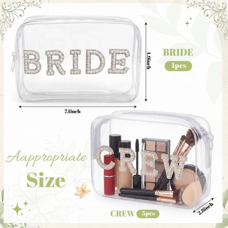 Kacctyen 6 Pack Bride Crew Clear Makeup Bag Gifts for Bridesmaids Bridal Party Engagement Cosmetic Bag Bling Pearl Rhinestone Letter Patches Waterproof Bags Wedding Party Bachelorette Favors