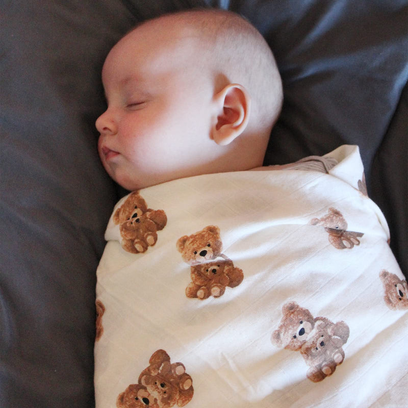 [Australia] - LifeTree Muslin Swaddle Blankets Neutral, Baby Swaddling Wrap Nursery Blanket for Boys & Girls Unisex, Soft 70% Viscose from Bamboo and 30% Cotton, Large 47 x 47 inches, Bear & Checkered Coffee 