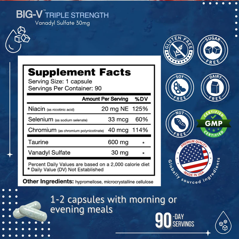 [Australia] - Big-V Triple Strength Vanadyl Supplement: Vanadyl Sulfate 30 mg, Taurine 600 mg, Selenium, Chromium and Niacin, Blended Mineral Supplement Capsules 90 ct 90 Count (Pack of 1) 