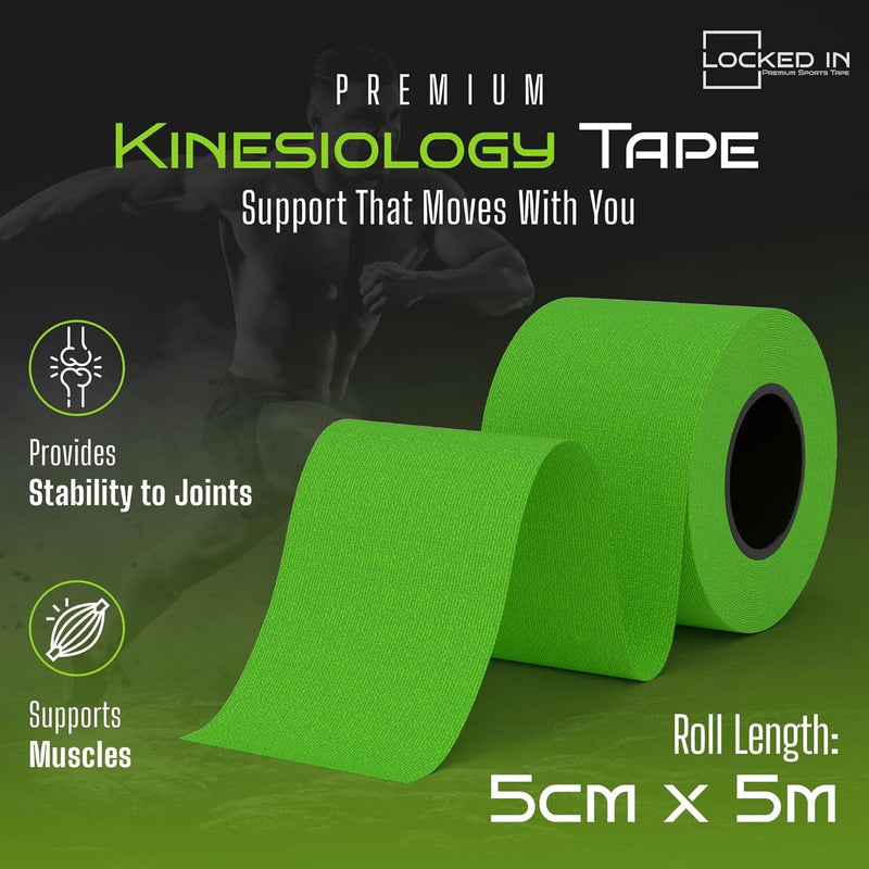 Locked in Kinesiology Tape - Sports Physio Tape for Muscle & Joint Support - Sweat Resistant, Hypoallergenic & Long Lasting Adhesive for Training, Recovery & Rehab (Green, 6 Rolls) Green