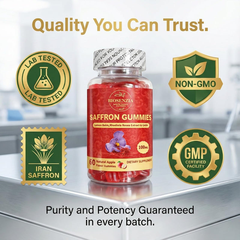 Saffron Flavoured Gummies with Lemon Balm & Rhodiola – Soft Supplement Fruit Gummies – Apple Flavour – Vegetarian – 60 Gummies