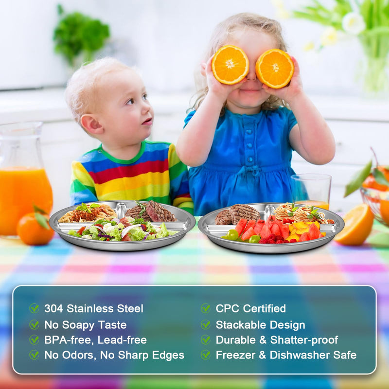[Australia] - EWFEN Stainless Steel Toddler Plate Set of 6, 9" Portion Control Plates Divided Plate for Adults Kids Balance Lunch, Non Slip | Unbreakable Toddler Baby Feeding Set Dishwasher Safe 