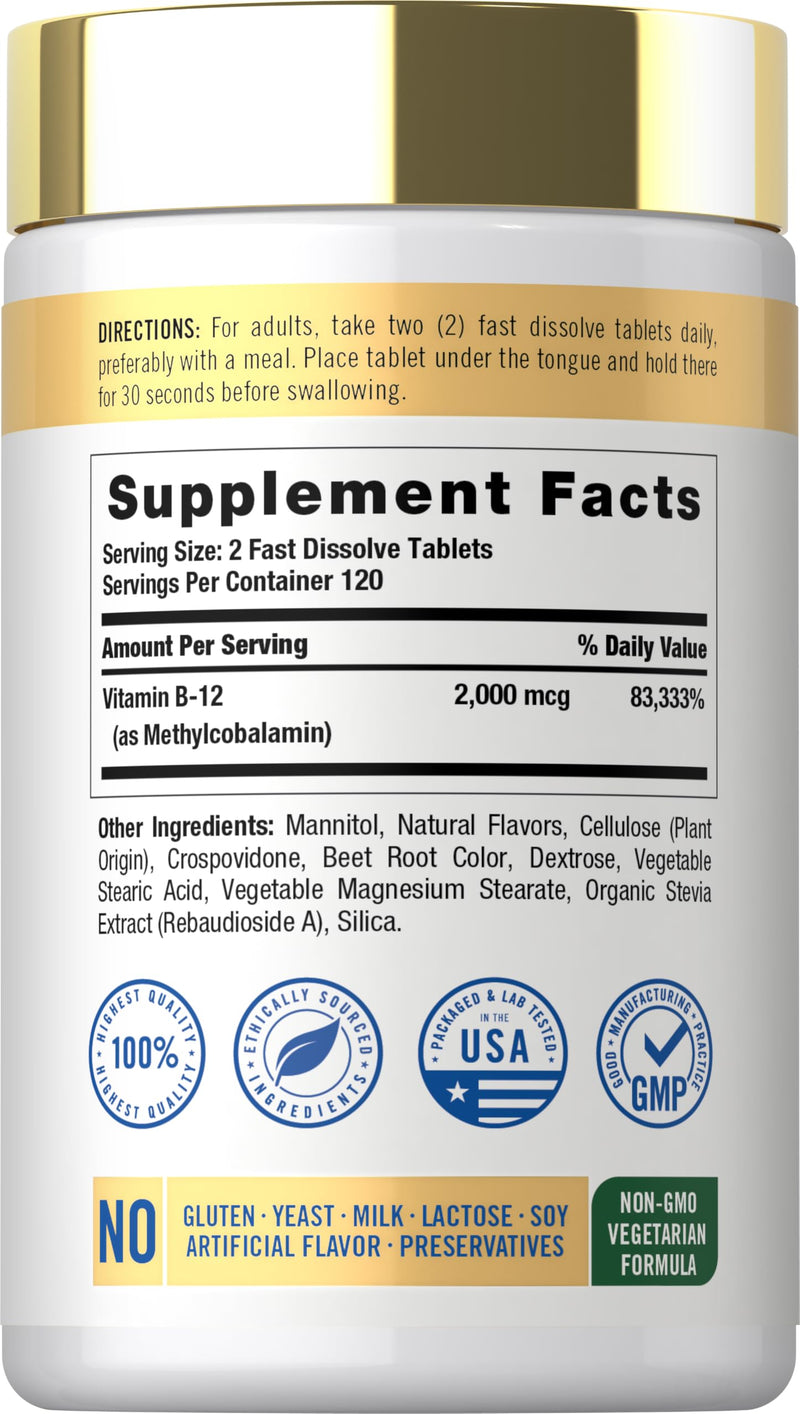 Carlyle B12 Vitamin 2000 mcg | 240 Fast Dissolve Tablets | Sublingual Methylcobalamin | Berry Flavor | Vegetarian, Non-GMO & Gluten Free Supplement