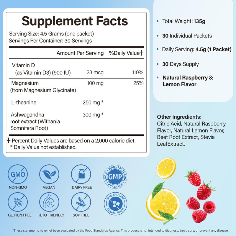 Cortisol Calm Drink Sachets, Magnesium Glycinate Powder with Ashwagandha, L-Theanine & Vitamin D3, Stress Relief, Sleep & Relaxation Support, Sugar-Free, Non-GMO, 30 Sticks, Raspberry Lemonade Flavour