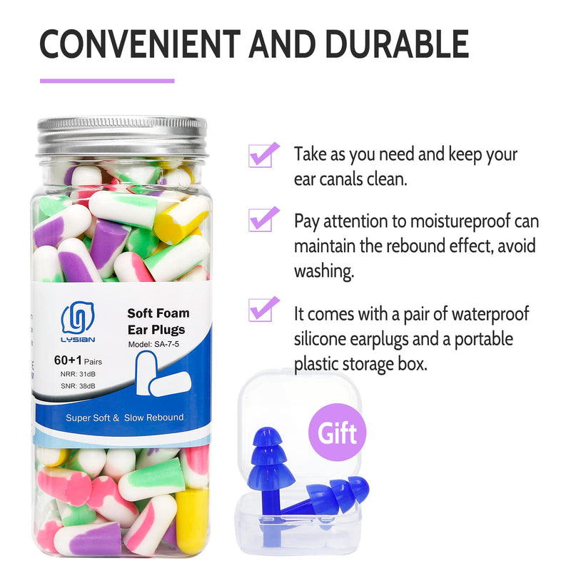 [Australia] - LYSIAN Ultra Soft Foam Earplugs for Sleep- Noise Cancelling Ear Plugs for Sleeping, Shooting,Snoring, Mowing Sound Reduction 38dB- 60 Pairs Multi Color 