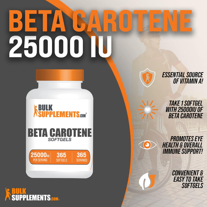 BulkSupplements.com Beta Carotene 25000 IU Softgels - Vitamin A Supplement, Beta Carotene Supplements, Beta Carotene Pills - Gluten Free, 1 Beta Carotene Softgel per Serving, 365 Softgels 365 Count (Pack of 1)