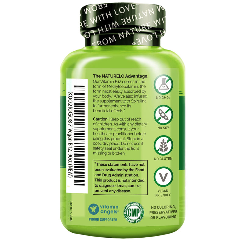 NATURELO Vitamin D - Plant Based from Lichen - 180 Mini Capsules, Vegan B12, 1000 mcg Methylcobalamin - 90 Capsules