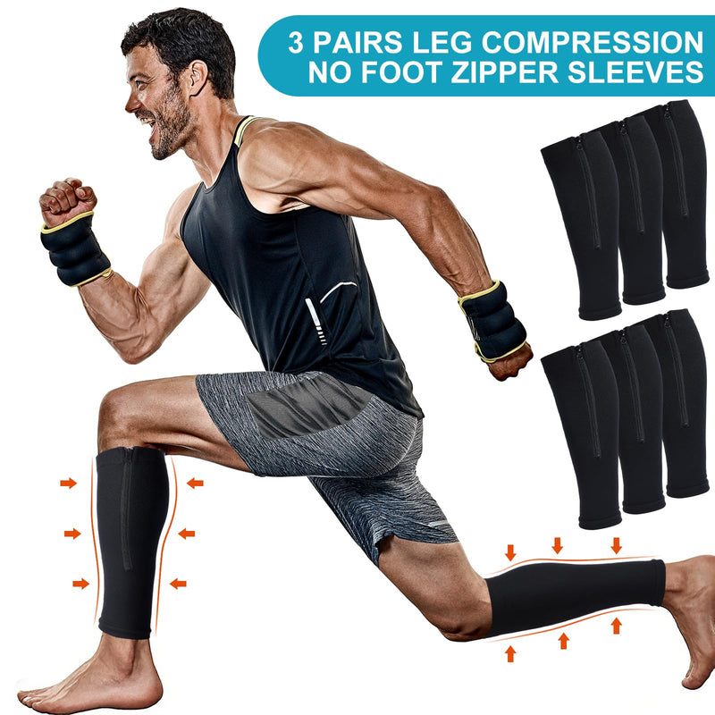 3 Pairs Calf Compression Sleeve with Zipper 20-30mmhg Leg Compression Sleeve Calf Brace Zipper Socks No Foot Sleeves for Men Women Support Running Shin Splints