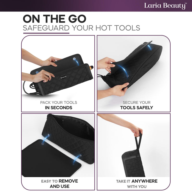 [Australia] - 2-in-1 Hot Hair Tools Travel Bag, Removable Heat-Resistant Silicone Mat, Clear Pockets for Accessories, Protects Surfaces from Burns, Ideal for Curling & Flat Irons, Includes Heat-Resistant Glove Black - Jet Luxe 