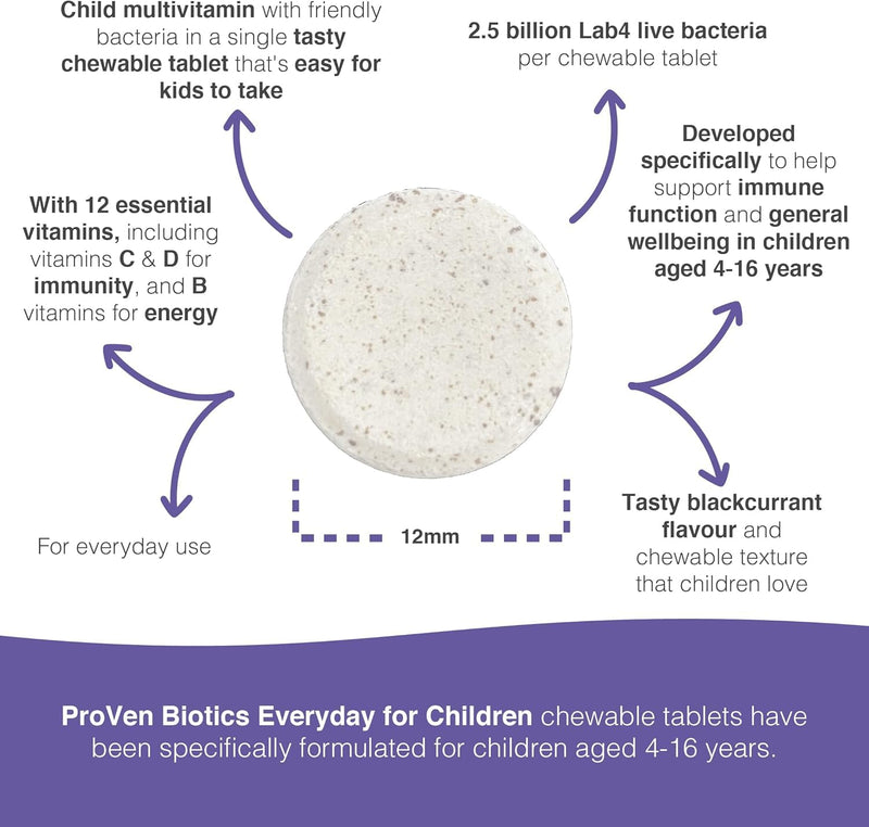 Proven Biotics Everyday for Children (4-16) | 60 Chewable Probiotic Tablets Blackcurrant | with 2.5 Billion Live Bacteria Vitamins Minerals | Immune Bone Energy Support