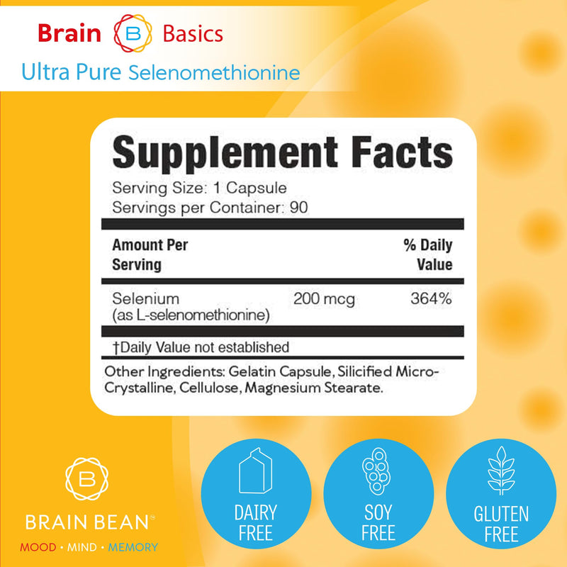 [Australia] - Brain Basics Ultra-Pure Selenomethionine - Proper Thyroid Function and Immune System Support - 200 mcg Most Bioavailable Selenium - 90 Servings 