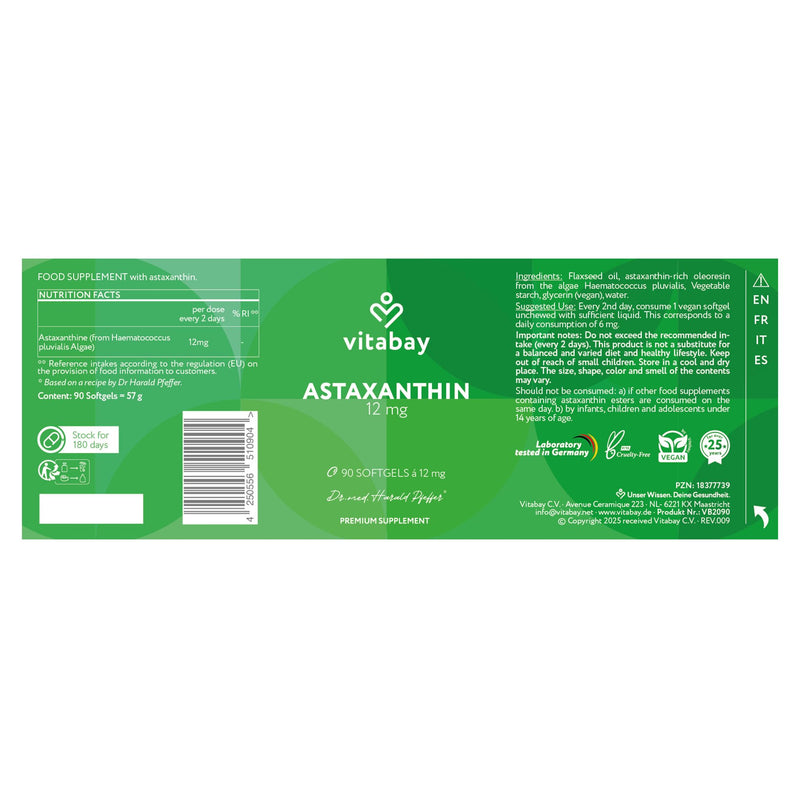 Vitabay Astaxanthin 12 mg High Strength – 90 Vegan Softgels – Laboratory Tested - No Additives – Premium Raw Material Naturally Derived from Haematococcus pluvialis Algae Extract – 6 Month Supply