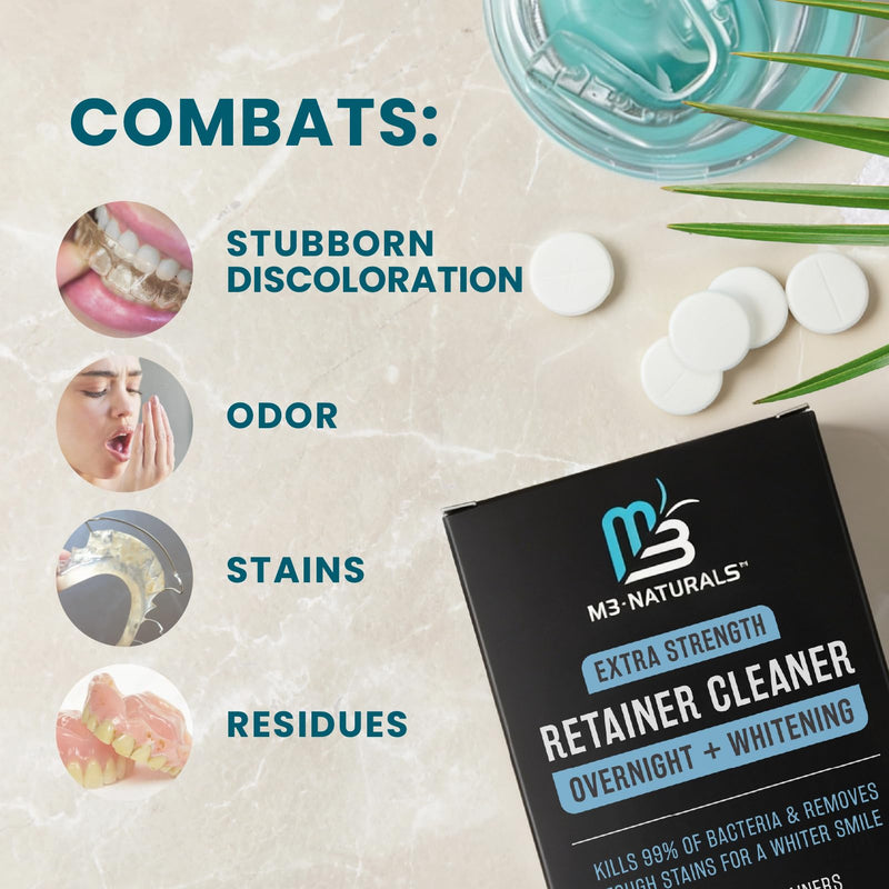 Overnight + Whitening Retainer Cleaner Tablets, Mint, 4 Month Supply by M3 | Compatible with Retainer Cleaner Machine & Ultrasonic Retainer Cleaner, Helps Remove Tough Stains, Buildup, Odors & Plaque Overnight Whitening (120 Count)