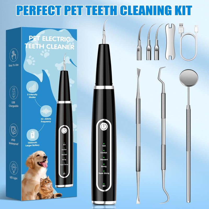 Dog Tartar Remover for Teeth, Plaque Remover with LED Light Teeth Cleaning Kit 5 Modes for Dogs and Cats, Black