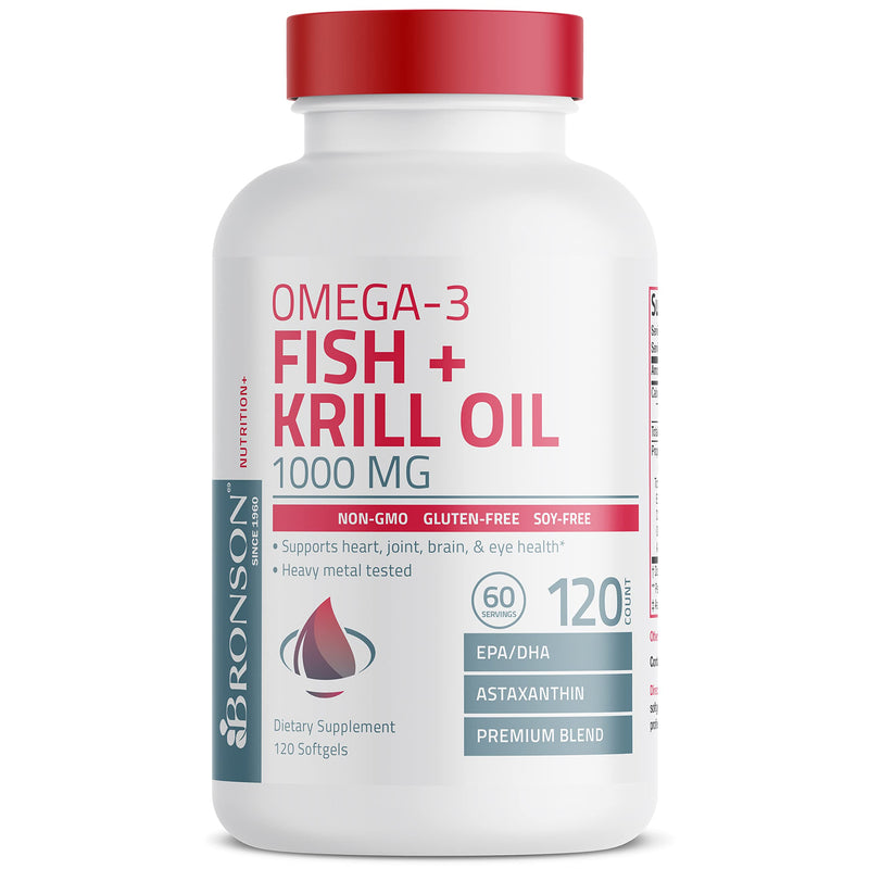 Bronson Omega-3 Fish + Krill Oil 1000 MG EPA DHA Astaxanthin Premium Blend - Joint, Brain & Eye Health - Non GMO, Heavy Metal Tested, 120 Softgels 1 Count (Pack of 120)