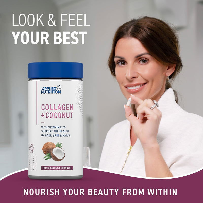 Applied Nutrition Collagen + Coconut Capsules – Marine Collagen with Vitamin C & Coconut Oil – Hair,Skin & Nails Support – Joint & Connective Tissue Health –Halal Certified –180 Capsules (90 Servings)