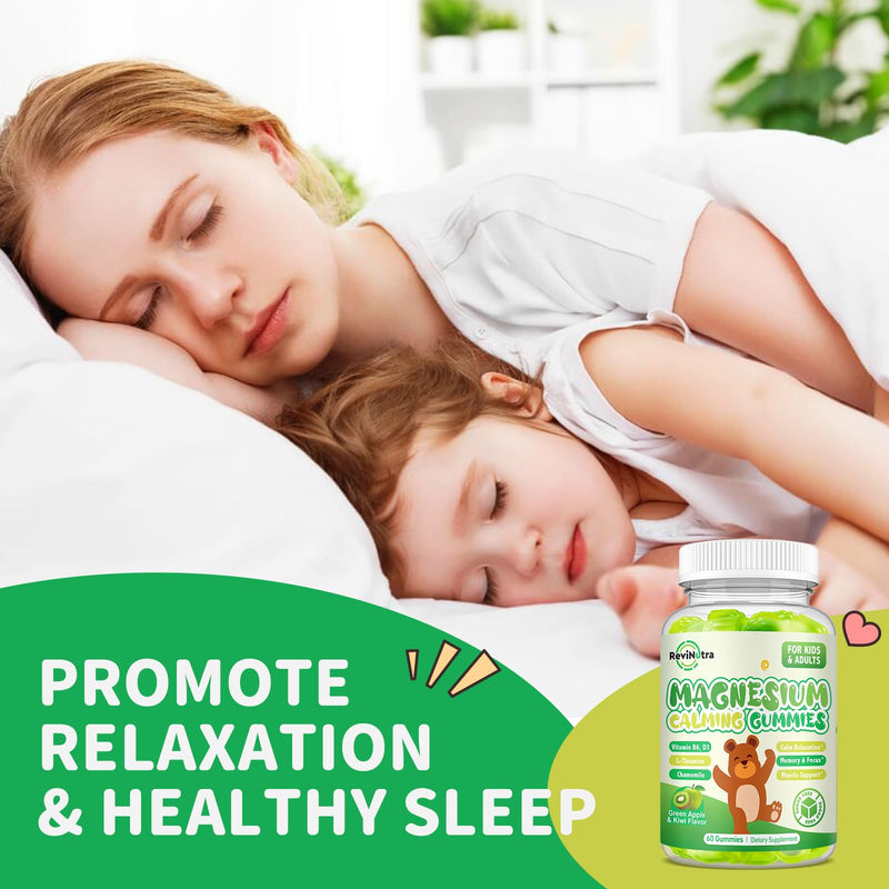 Magnesium Gummies for Kids - Magnesium Glycinate Gummies with L-Theanine, Vitamin B6, D3 for Kids & Adults Sleep, Calm, Relaxation, Brain, Bones, Muscle Relief, Sugar Free Green Apple & Kiwi 60ct 60 Count (Pack of 1)