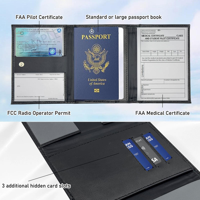 Pilot Wallet Passport Holder RFID Blocking Nappa Leather Travel Wallet, Stylish Travel Companion for Aviation Professionals (Black) Black