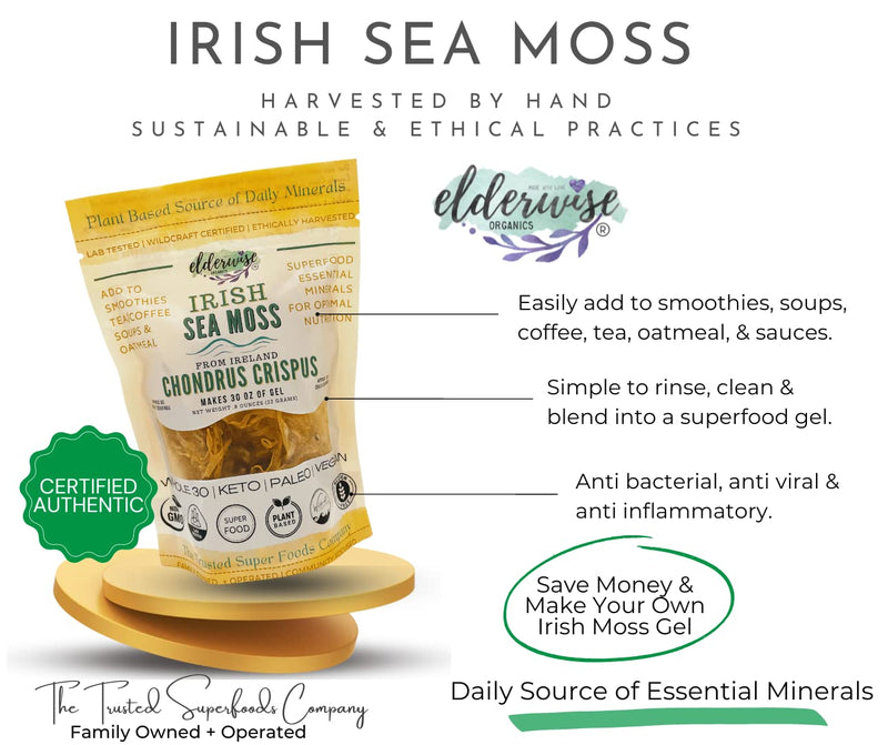 Irish Sea Moss, Wildcrafted, Organic Raw Chondrus Crispus, Makes 30oz Gel | Golden Irish Sea Moss From Ireland | Rinse and Soak Whole Leaf Sea Moss, Blend Gel for Smoothies, Drinks, Soups, or Sauces 1.23 Ounce (Pack of 1)
