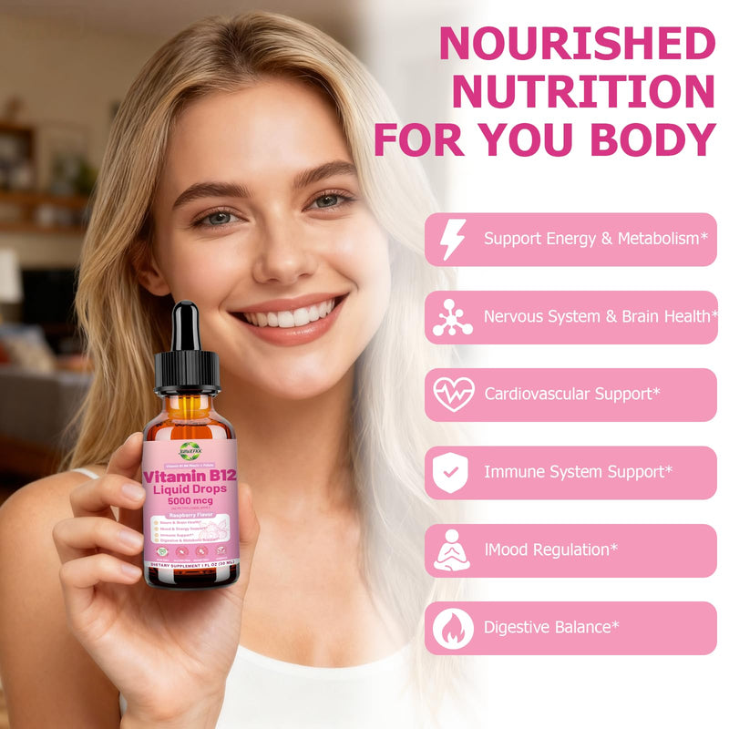 Liquid Vitamin B12 Drops 5000 mcg - Extra Strength B12 Methylcobalamin | with B1 B6 B3 Folate Niacin -Fast Absorption Sublingual B-12 Drops for Energy Metabolism & Brain Function, Vegan B Complex Raspberry 1 Fl Oz (Pack of 1)