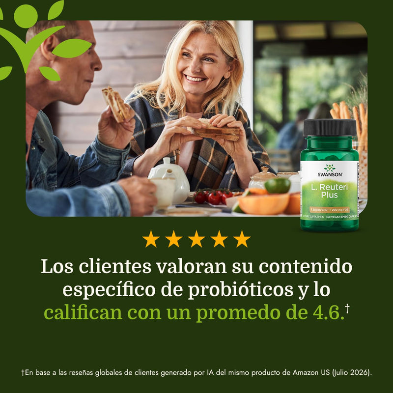 Swanson L. Reuteri Probiotic Plus, 7 Billion CFU, 30 Vegan Capsules | With Lactobacillus Rhamnosus, Acidophilus, and FOS Prebiotic for Gut-Health-Conscious Adults, Full-Spectrum Support 30 Count (Pack of 1)