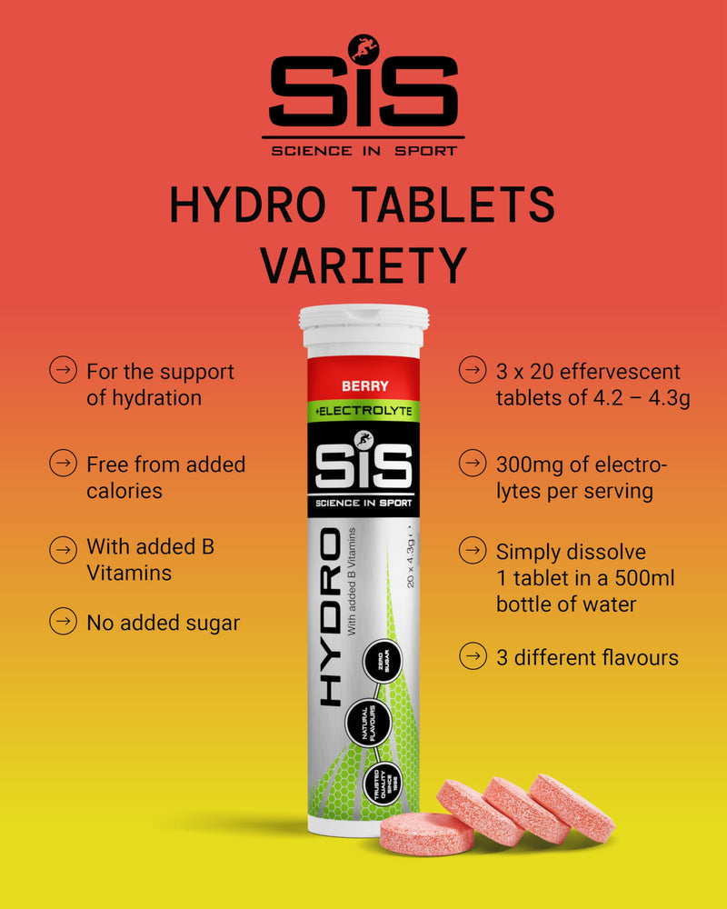 Science in Sport Hydro Electrolyte Tablets - Four Key Electrolytes and B Vitamins - Sugar-Free, Vegan & Gluten-Free Sports Hydration - Variety Pack with Different Flavours - 20 Tablets (Pack of 3) Mixed Flavors 60 count (Pack of 1)