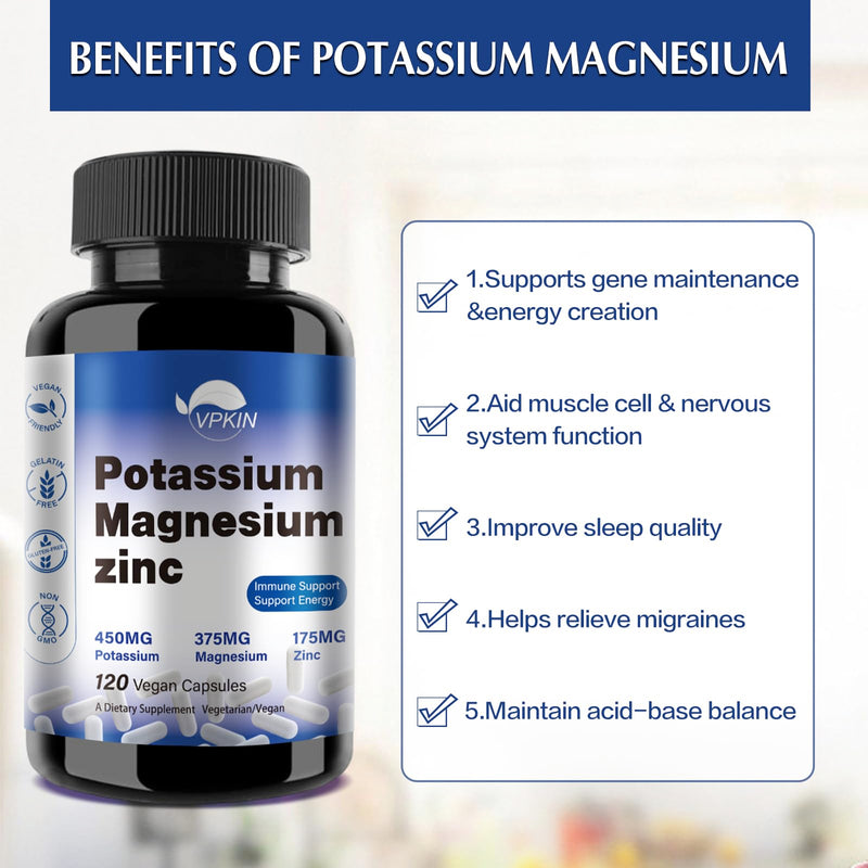 [Australia] - Potassium Magnesium Supplement 1000mg, Magnesium Potassium Zinc Aspartate Support Vascular, Bone, Heart, Muscle & Nerve Health, Non-GMO, Vegan, (120 Capsules) Potassium Magnesium 1 Count (Pack of 120) 