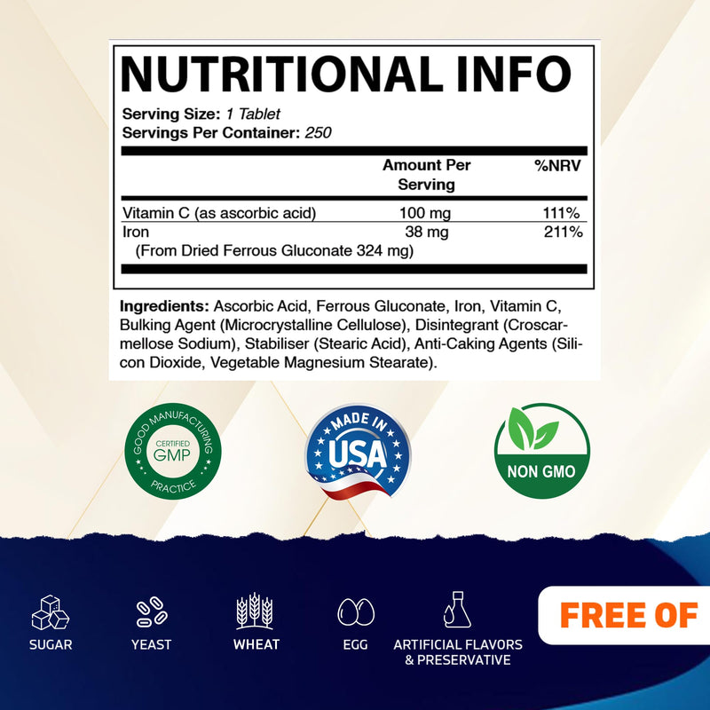 Vitamatic Ferrous Gluconate 324 mg + Vitamin C 100 mg - No Artificial Color Additives - Gentle on Stomach - 250 Coated Tablets - Made in USA