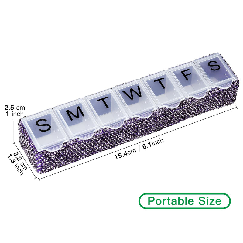 Soleebee Portable Weekly 7 Day Pill Organizer, Bling Crystal Pill Box Case, Travel Pill Planner, Pill Dispenser, Medicine Vitamin Container Organizer (Purple) Purple