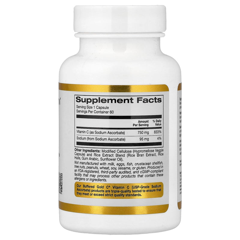 California Gold Nutrition Buffered Gold C, Gold Standard Sodium Ascorbate (Vitamin C), 60 Veggie Capsules