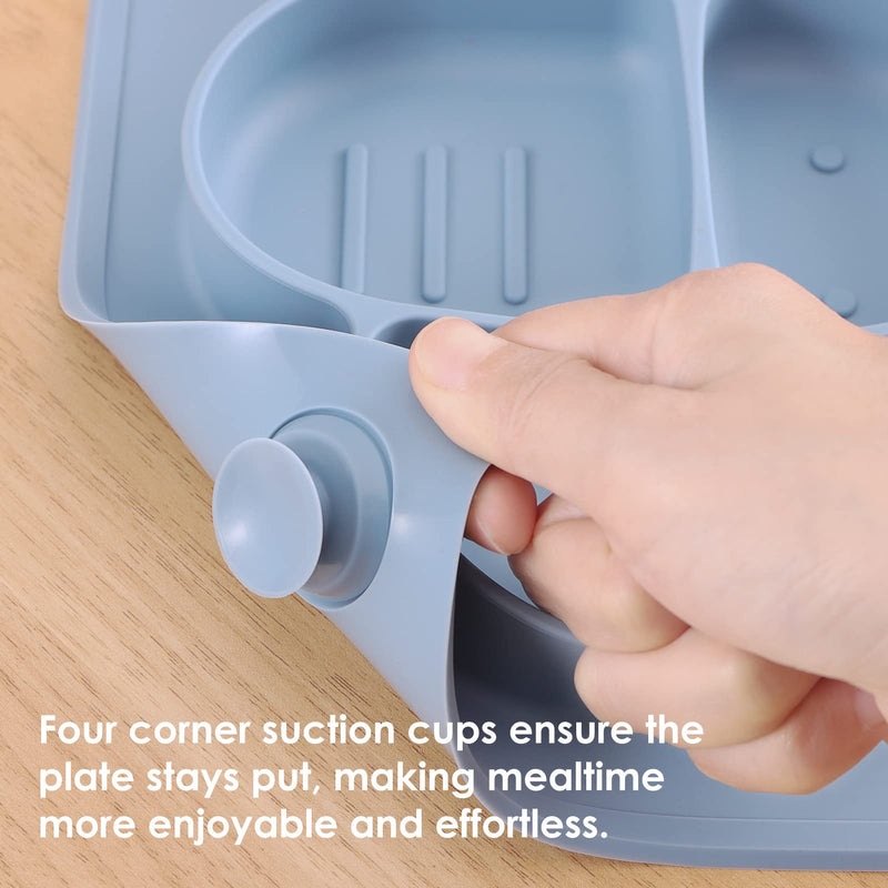 [Australia] - ROCCED Suction Plates for Baby placemat Spoon Fork Set for Toddlers, Silicone Baby Plates with Suction Baby Dishes for Kids Plates-Dusty blue Dark Blue 