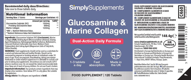 Glucosamine & Marine Collagen | Dual-Action Formula | 240 Fast Absorption Tablets = Up to 8 Months’ Supply | Marine Sourced | Made in The UK in Accordance with GMP Standards Unflavoured 120 count (Pack of 2)