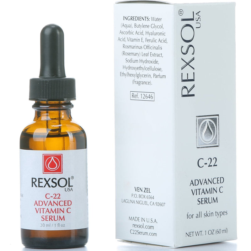 REXSOL 22% ADVANCED VITAMIN C SERUM, With Hyaluronic Acid, Ferulic Acid, Rosemary & Vitamin E, Best Anti-Aging Formulation, Reduce Visible Signs of Aging, Dark Spots (30 ml / 1 fl oz)