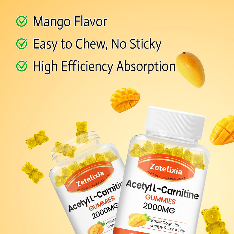 [Australia] - 2 Pack Acetyl L-Carnitine Gummies 2000mg, L-Carnitine Supplement for Promote Fatty Acids Oxidation, Nutrition Supplement for Boost Energy, Immunity & Metabolism, Mango Flavor, 120 Count 60 Count (Pack of 2) 