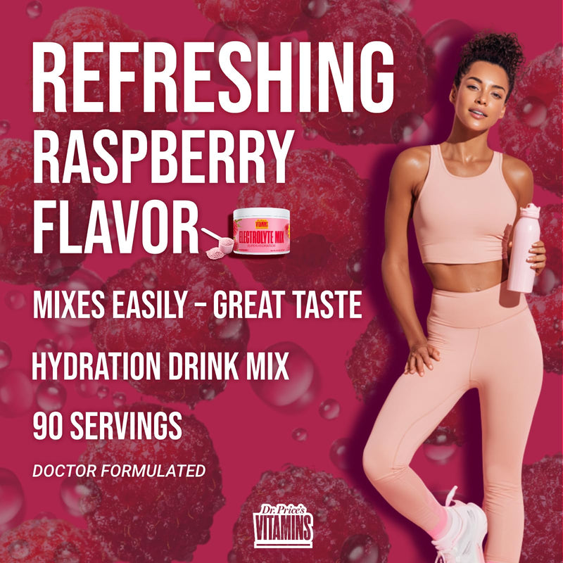 Dr. Price's Vitamins Electrolytes Powder Bulk, Raspberry 90 Servings | Electrolyte Mix, Hydration, No Sugar, Sodium, Potassium & 72+ Trace Minerals, Keto Friendly, Made in USA, Doctor-Formulated 90 Servings - Tub