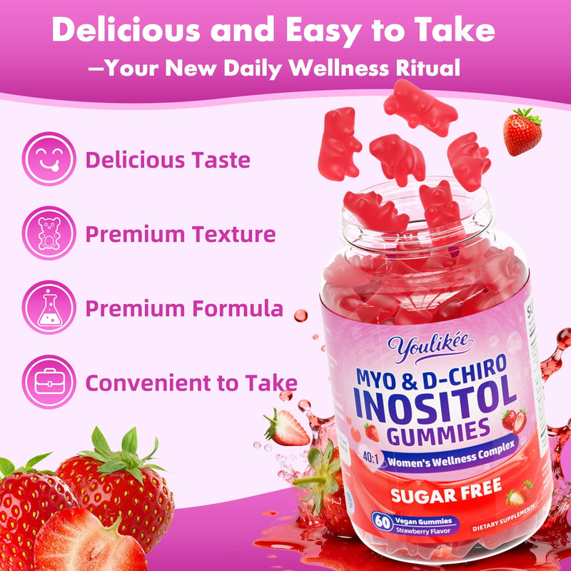 2 Pack Myo-Inositol & D-Chiro Inositol Gummies for Women, 120 Count | Ideal 40:1 Ratio with Vitamin D3, Folate, Magnesium and Zinc - Support Female Health & Wellness, Strawberry Flavor 60 Count (Pack of 2)