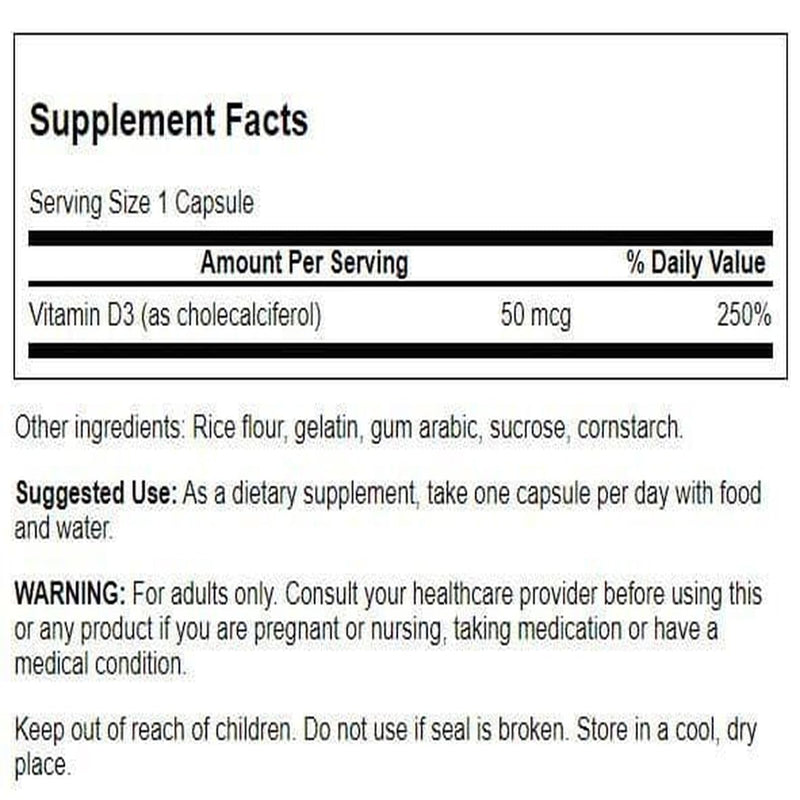 Swanson Higher Potency Vitamin D-3 2000 IU (50 mcg), 250 Capsules | Sunshine Vitamin Supporting Bone Health and Immune Support, Biologically Active D3 Promotes Calcium Absorption 250 Count (Pack of 1)