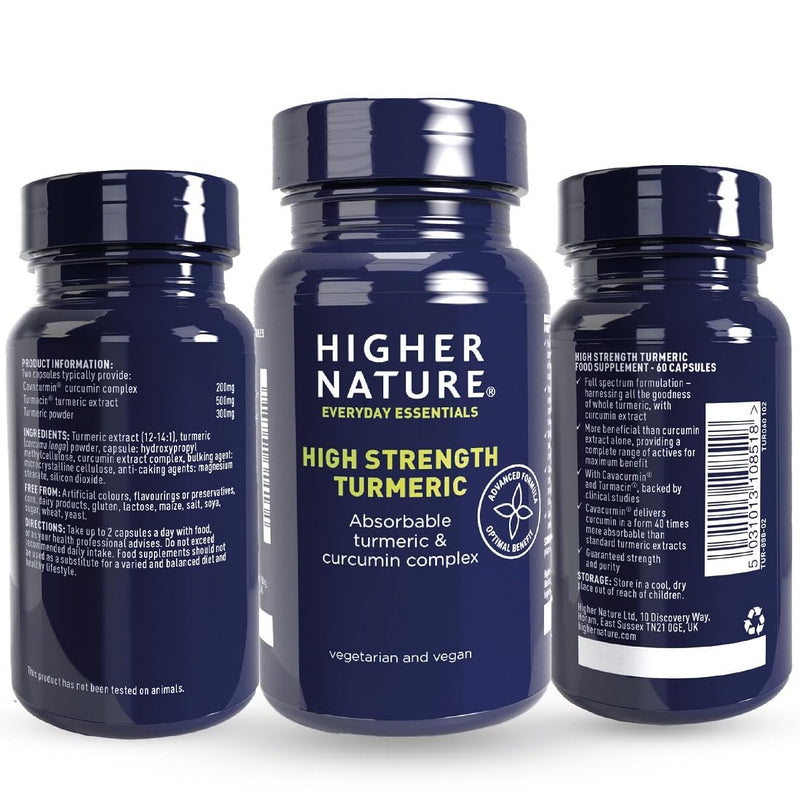 Higher Nature - Turmeric Capsules High Strength - Powerful Support - Tumeric Curcumin Supplement - Vegan - 60 Capsules