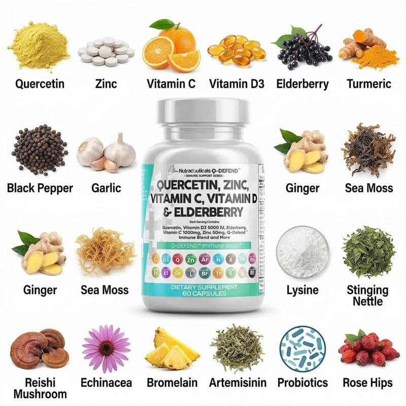 Q Defend Quercetin Supplement with Zinc Vitamin C Vitamin D Elderberry Turmeric Black Pepper Garlic Ginger Sea Moss Lysine Stinging Nettle Reishi Mushroom Immune Support 60 Capsules 60 Count (Pack of 1)
