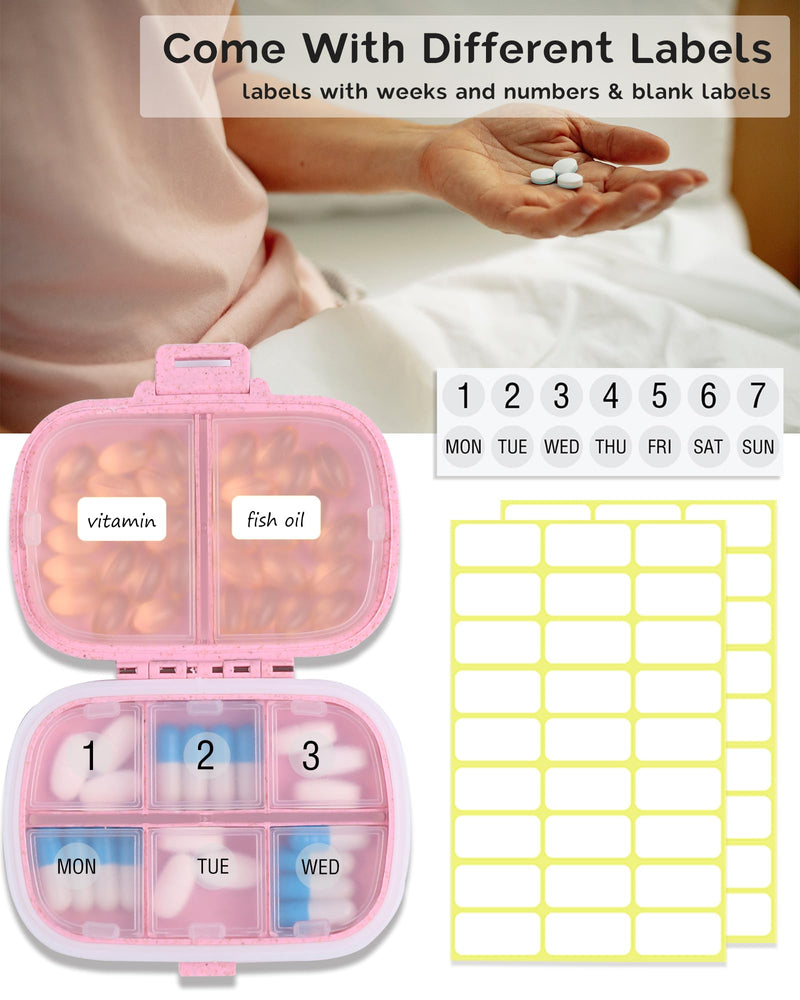 8 Compartments Travel Pill Organizer, Daily Pill Case Small Pill Box for Pocket Purse, Portable Pill Container Medicine Vitamin Organizer (Pink) Pink