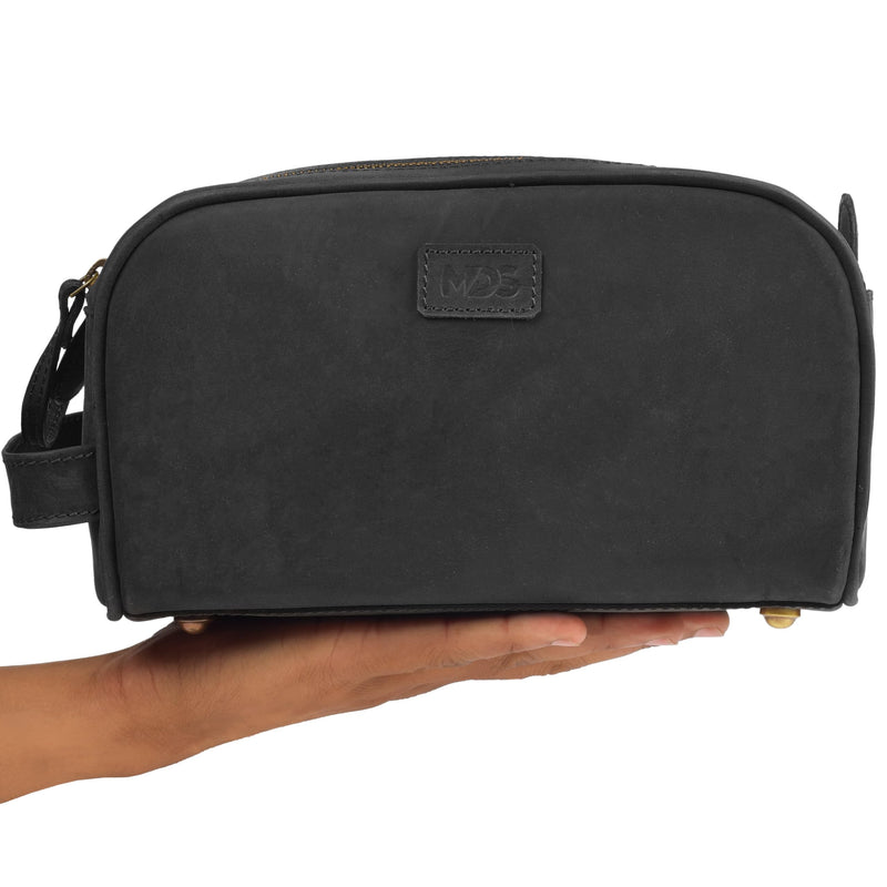 MDS® Genuine Leather Toiletry Bag for Men - Unisex Rustic Classic Vintage Handcrafted Full-Grain Leather Travel Dopp Kit with Waterproof Lining & Handle, Shaving & Grooming Kit Organizer Pouch, Black