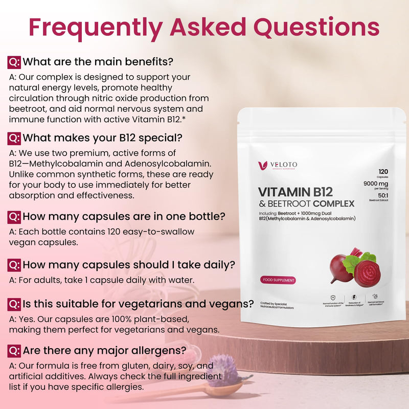 VELOTO Beetroot Capsules with Vitamin B12, High Strength 9000mg 50:1 Extract, 1000mcg Dual Active B12 Methylcobalamin & Adenosylb12, Vegan, Supports Energy Circulation & Immune Function, 120 Capsules
