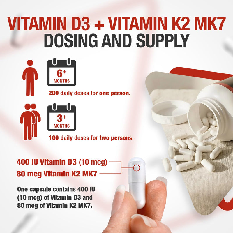 ★ Vitamin D3 K2 MK7 ★ Capsules ★ 400 IU/80 mcg - 200 pcs (6+ Month Supply) of Rapidly Disintegrating Capsules with Premium Quality VIT K2 as Menaquinone and VIT D3 as Cholecalciferol Powder 1 count (Pack of 200)