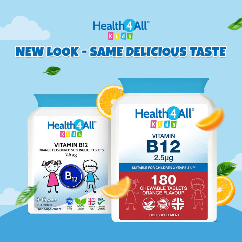 Health4All Kids Vitamin B12 2.5mcg 180 Chewable Tablets 6 Months Supply, Vegan VitB12 Methylcobalamin Supplement for Children 3+, Sugar-Free, Natural Orange Flavour | Made in UK (not Gummies) 180 count (Pack of 1)
